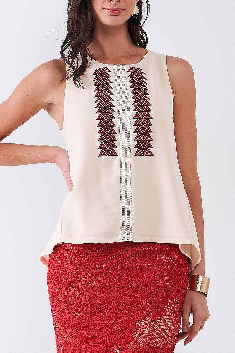 Tribal trimmed detail round neck top (TDG8134)