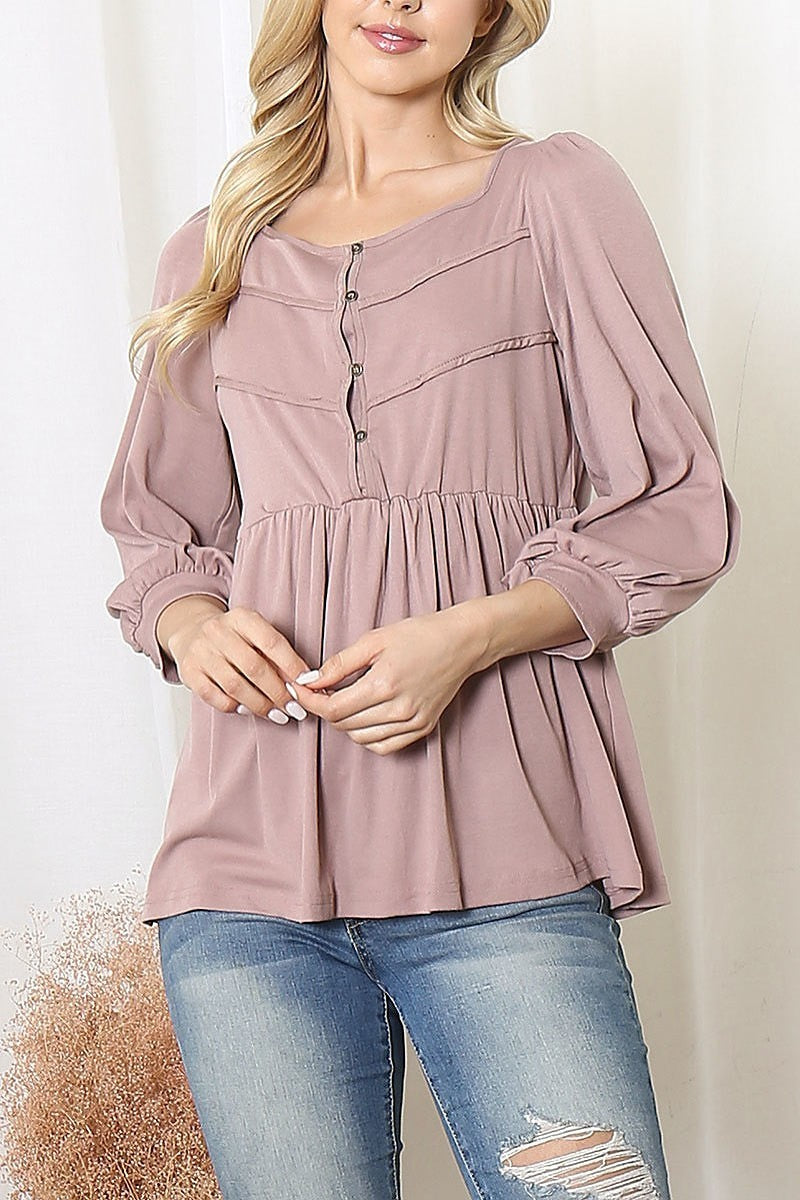 Shirring detail quarter sleeve top (EF6044)