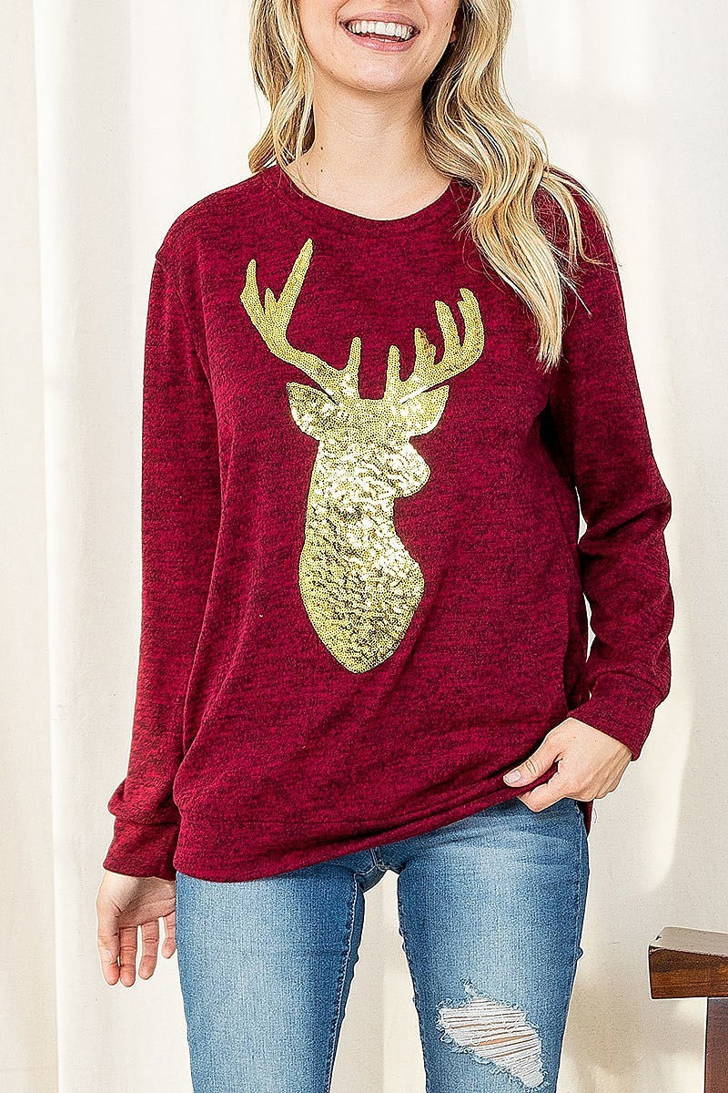 Brushed hacci sequins reindeer shape top (EF2505)