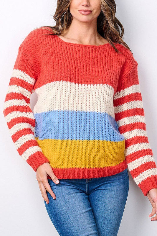 Long sleeve colorblock knit sweater (EFWT7494)