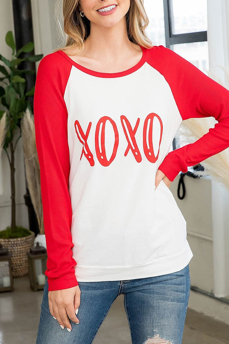 Boat neck xoxo printed raglan top (EF2986)