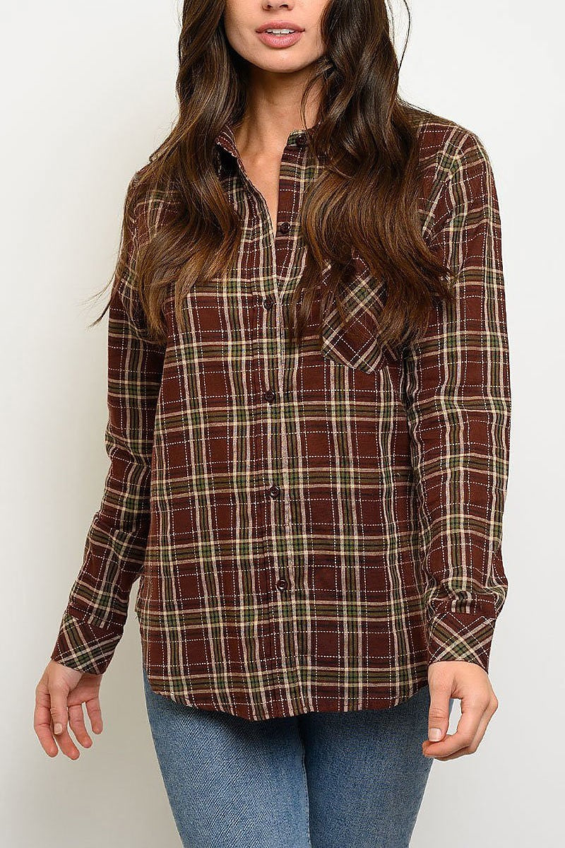 Button f ront pocket detail plaid top (EDWT2902)