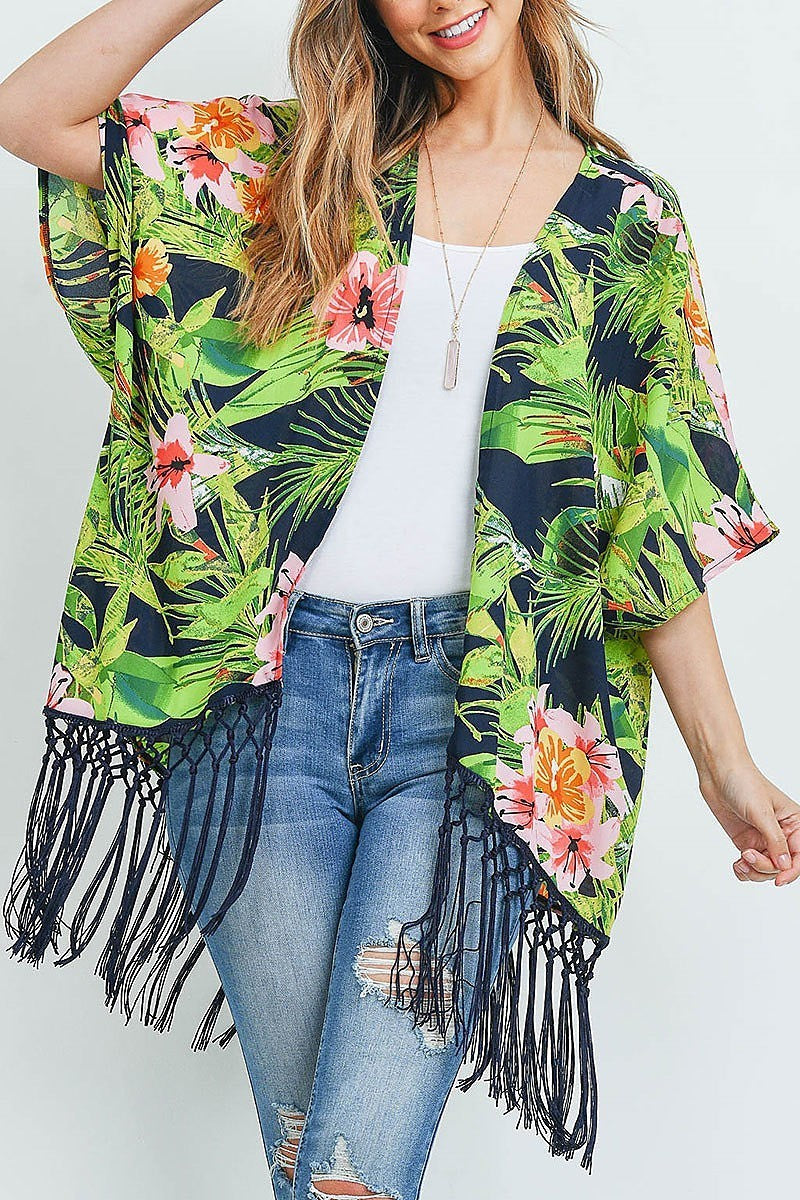 Fringe detail floral print kimono (ED9057)