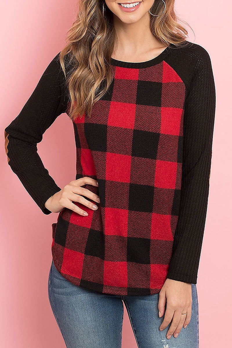 Elbow patched rib detail sleeve plaid top (ED8306-LAST)