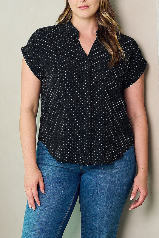 Short sleeve button up polka dots blouse top (EFWT2949)