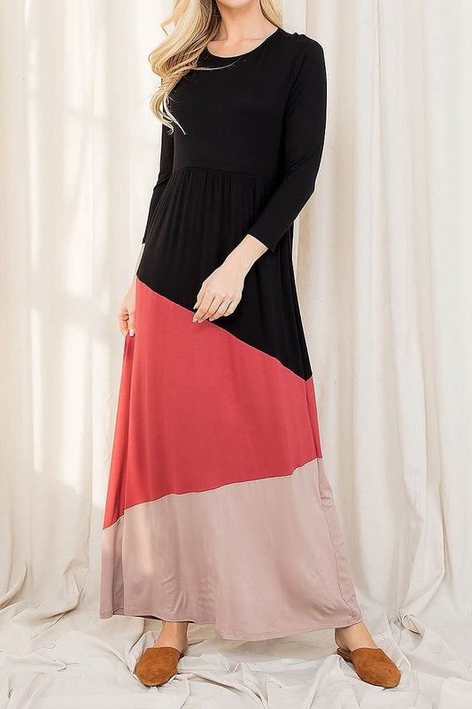 Long sleeve color block loose fit maxi dress (DED8855)