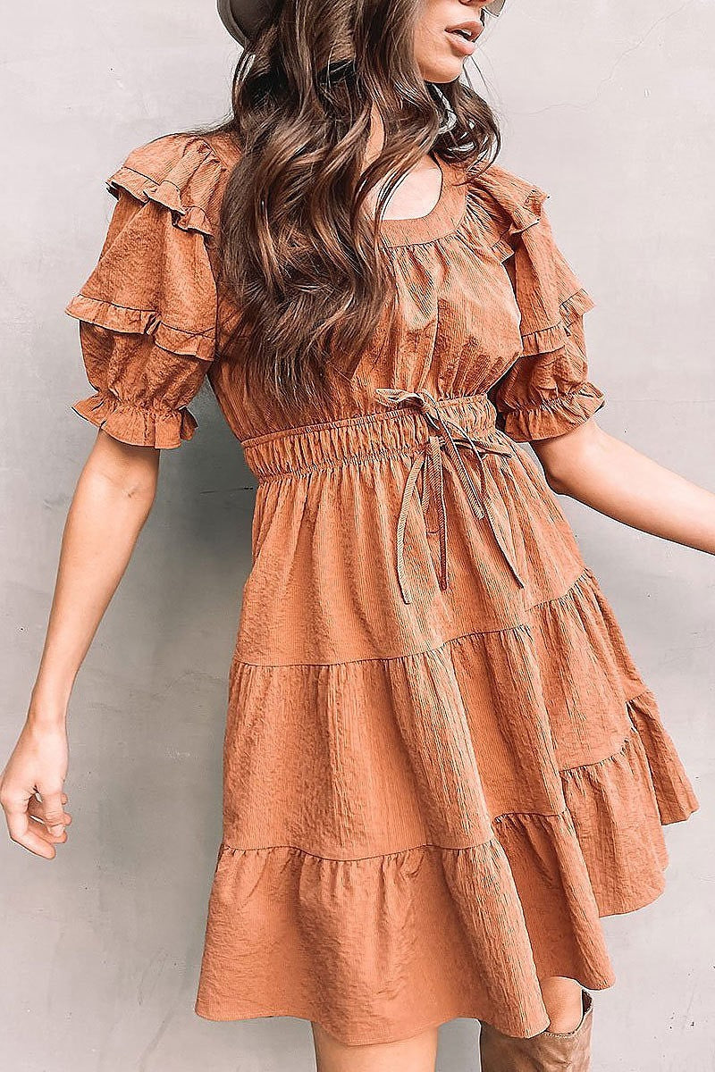 Puff short sleeve smocked waist mini dress (EDWT3375)