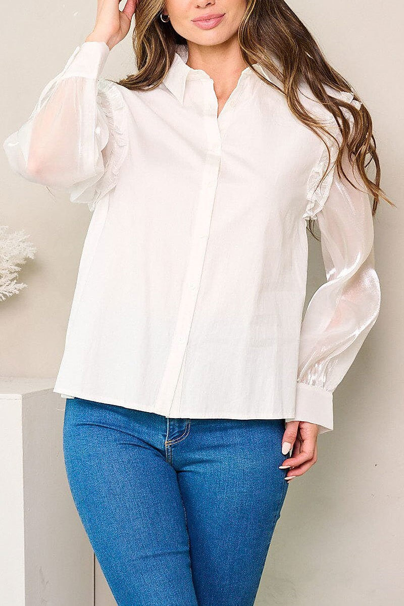 Long sheer sleeves button up ruffle blouse top (EFWT4018)