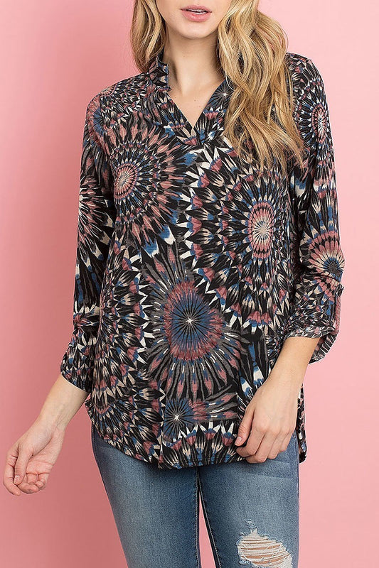 Tribal print loose fit v neck top (ED8297)