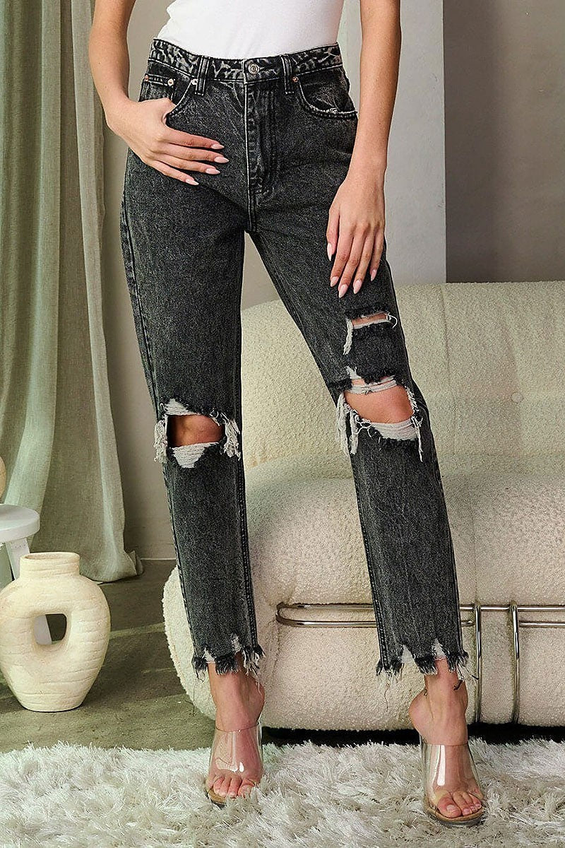 Button closure distress washed denim pants (EFWT9316)