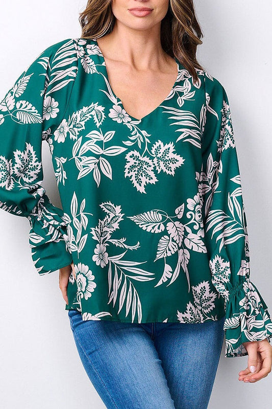 Long ruffle sleeves v-neck floral blouse top (EFWT7500)