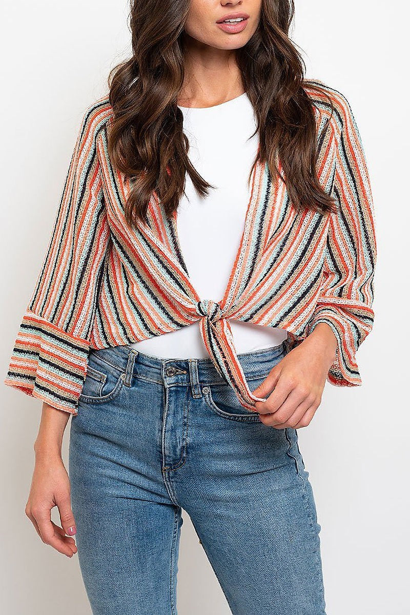 Multi stripe quarter sleeve waist tie top (EDWT2259)