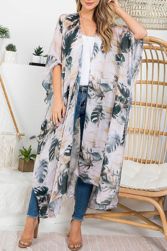 Leaf print bohemiian open front long kimono (EF3255)