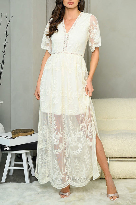 Short sleeve v neck all over lace maxi dress (EDWT6121)