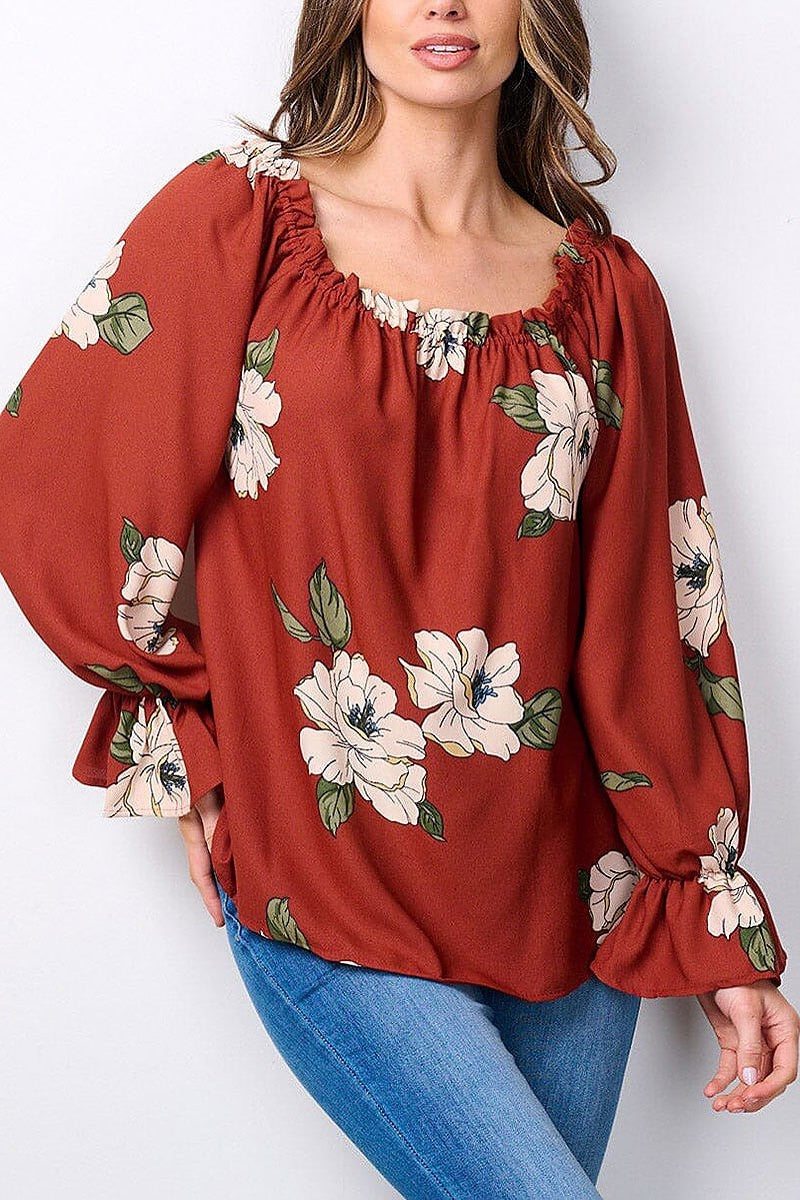 Long sleeve elastic neck floral blouse top (EFWT7481)