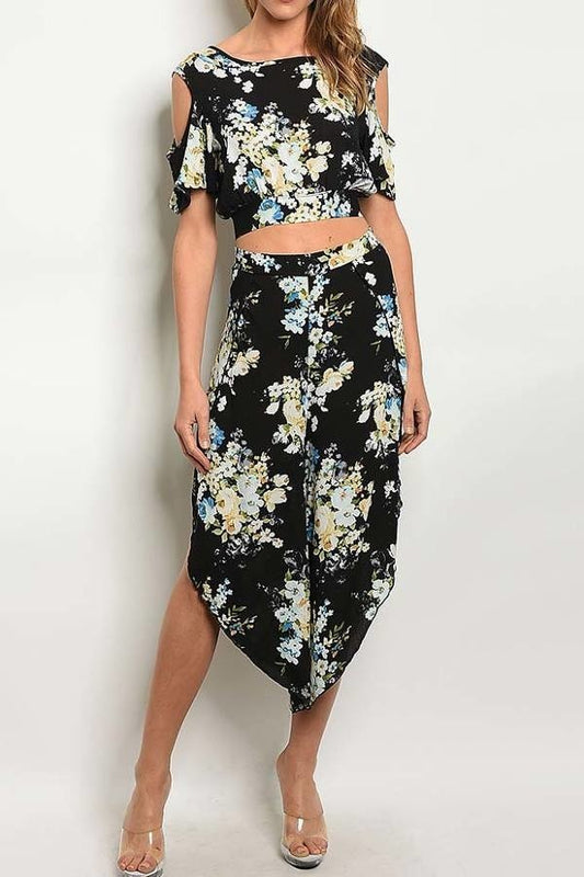 Cutout sleeve asymmetrical hem floral print top and pants set (ED5238-1)