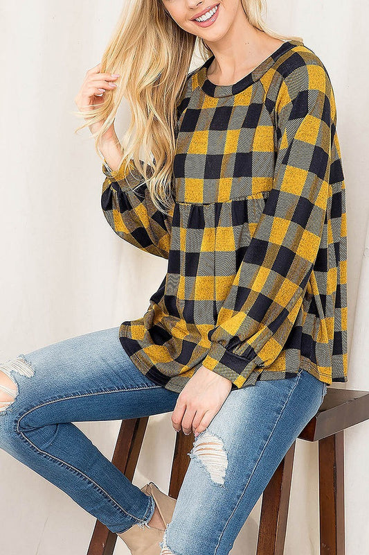 Puff sleeve plaid shirring top (EF2896)