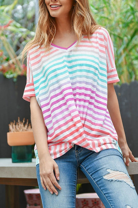 V neck dolman sleeves ombre stripes knot top (ED9628)