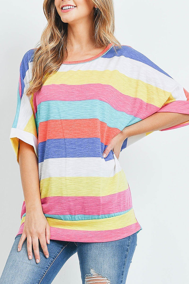 Round neck multi stripe loose fit top (ED9271)