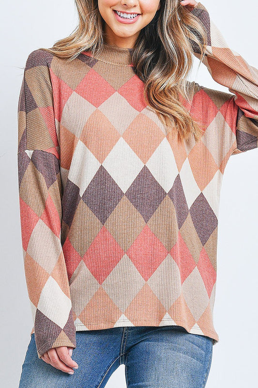 Mock neck long sleeve checkerboard top (EF2697)