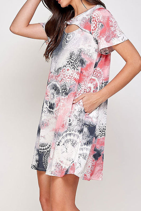 Cutout front tie dye medallion print pocket dress (DED6315)