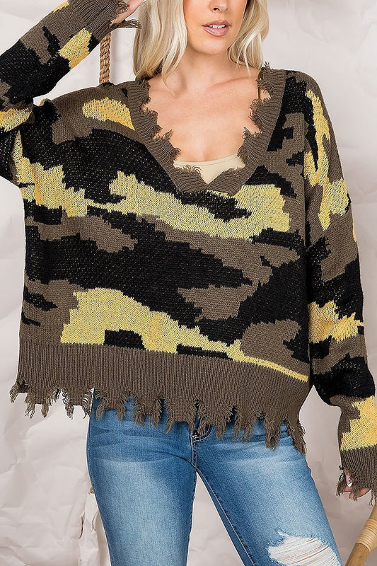 Distressed detail camo patterned sweater (DGS5438)