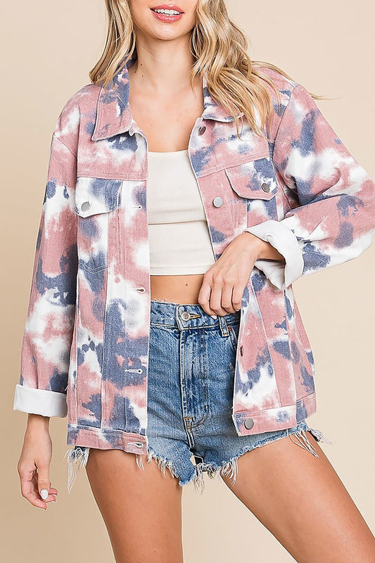 Tie dye print buttoned front collar denim jacket (EDH1977)