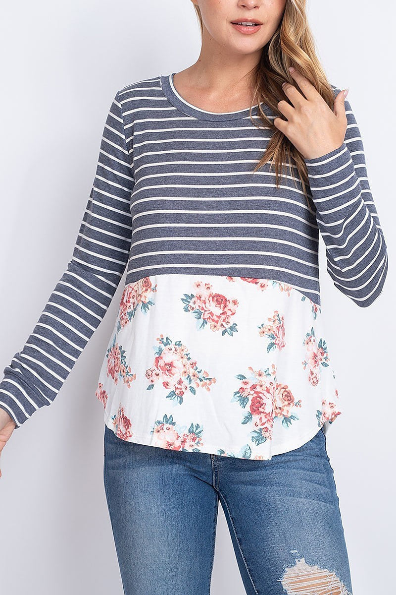 Stripe floral button trim back color block top (EF1903)