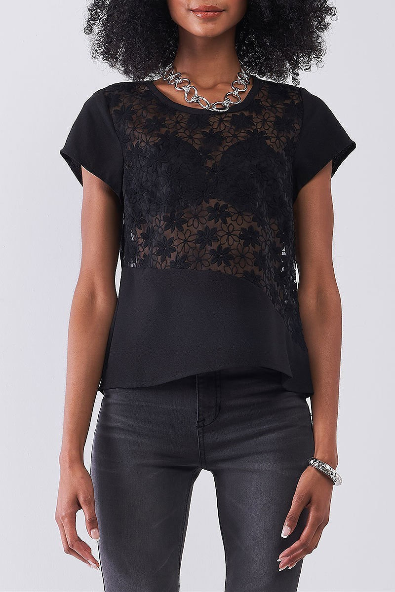 Sheer floral embroidered contrast mix solid top (TDG8184)