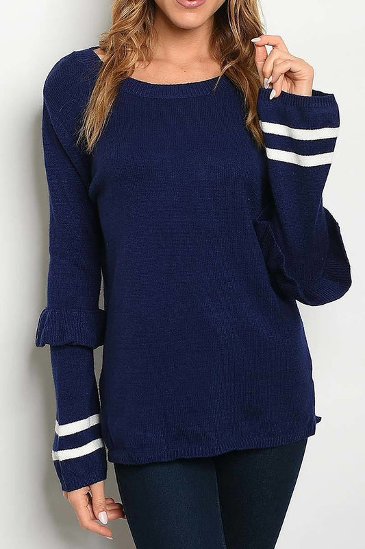 Ruffle sleeve stripe contrast sweater (DGS3616-3)