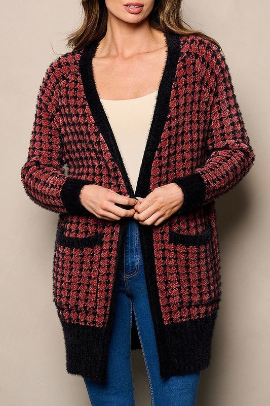 Open front pockets fuzzy colorblock cardigan (EFWT4408)