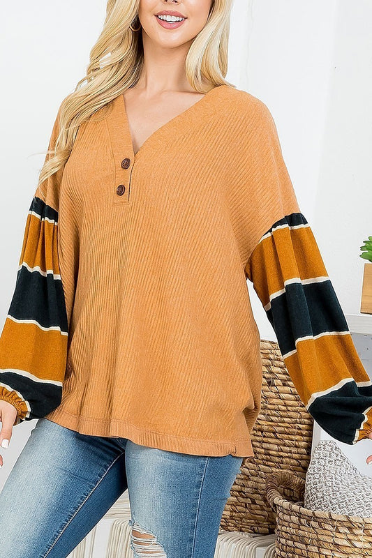 Stripe bubble sleeve color block top (EF7203)