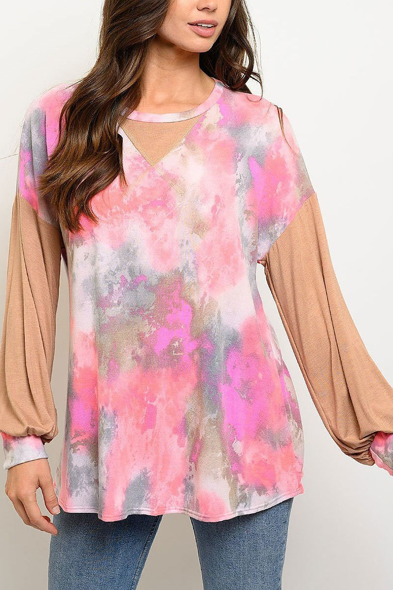 Tie dye bubble sleeve color block top (EDWT2819)