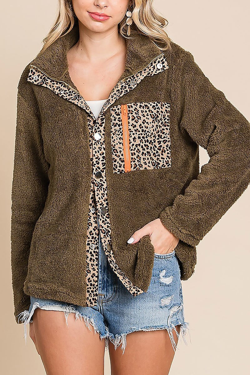 Faux fur buttoned down jacket with leopard placket (EDH1875-1)