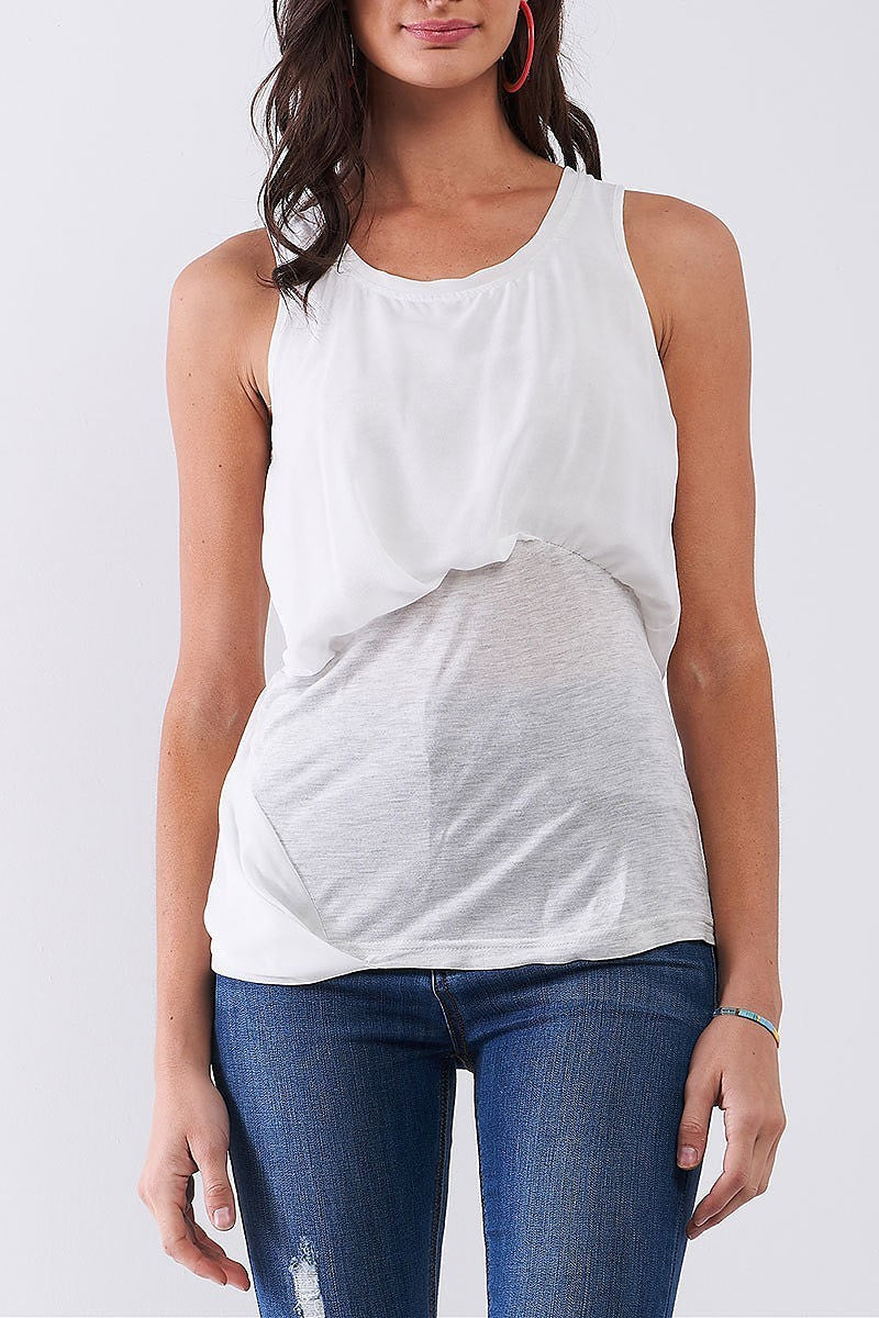 Scoop neck sheer bubble drape layered top (TDG8081)