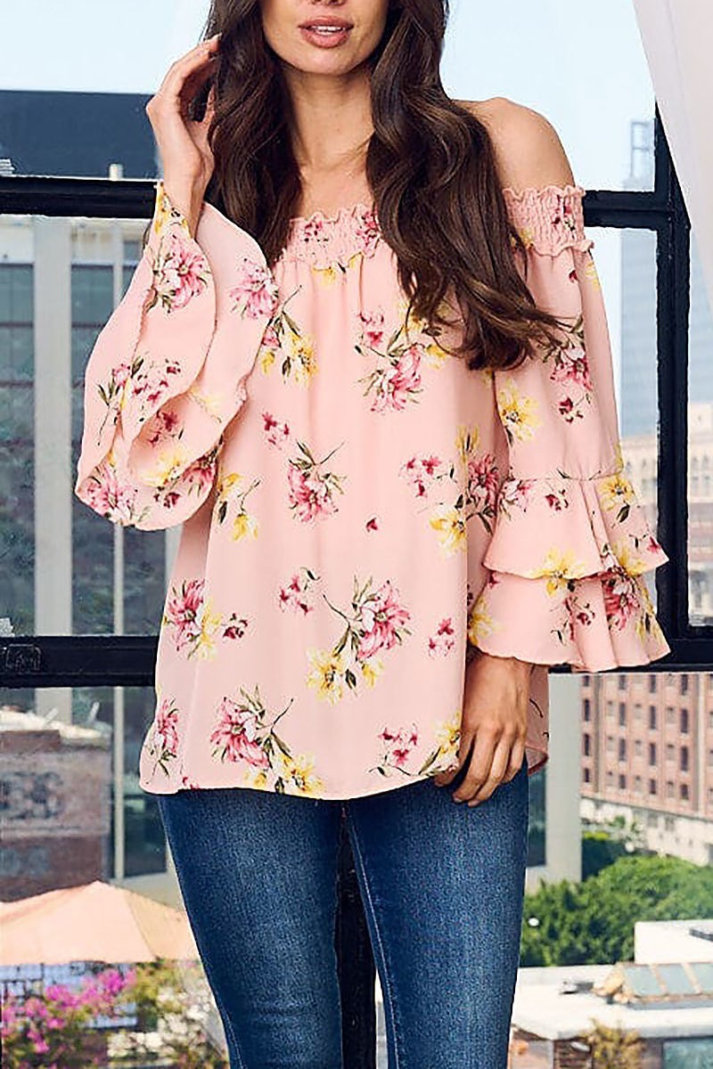 Off shoulder floral layered sleeve top (EFWT1805)