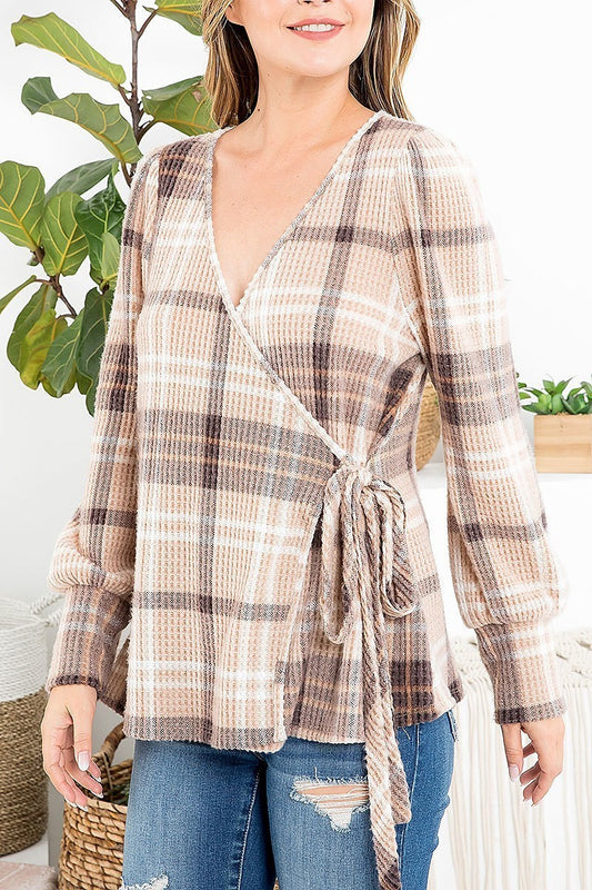 Surplice neckline ribbon tie plaid waffle top (EF2391)