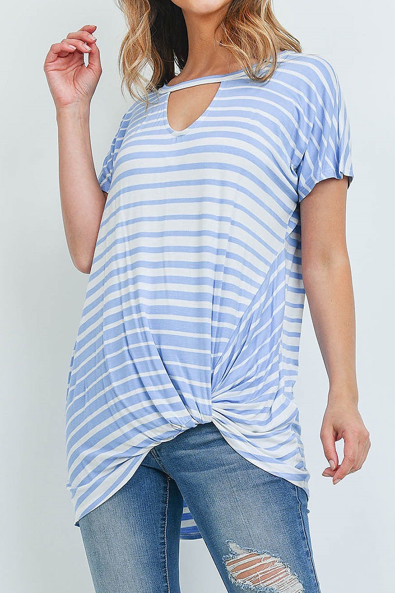 Short sleeve keyhole stripe tunic blouse top (ED8859-2)