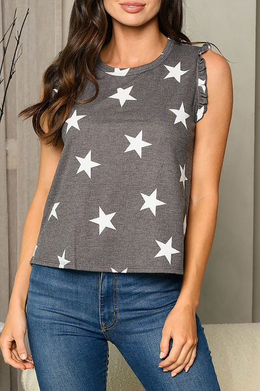 Sleeveless star print knit tank top with ruffle top (EDWT6967)