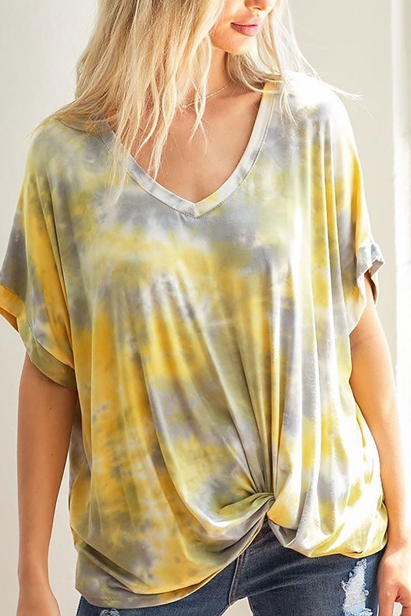 V neck loose fit tie dye twist top (ET5439)