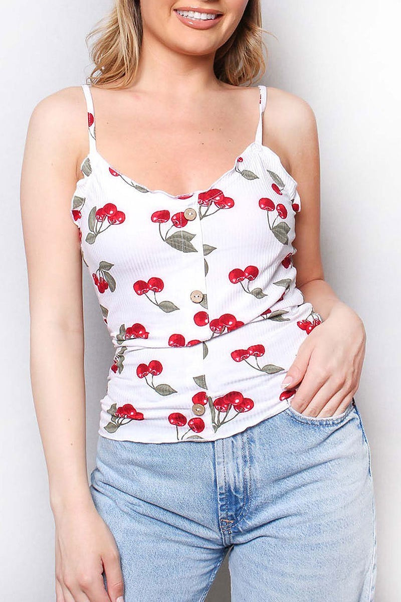 Cherry print v neck ribbed knit top (SDG2988)