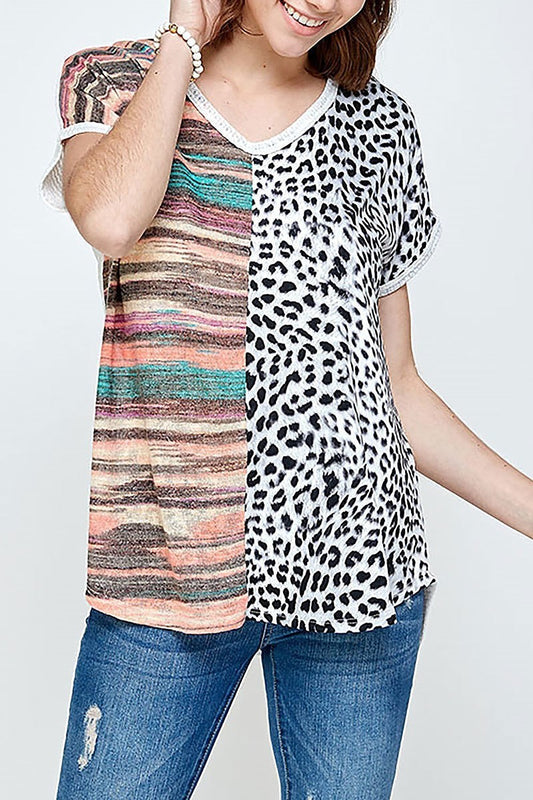 V neck stripe animal print color block top (ED9192-1)