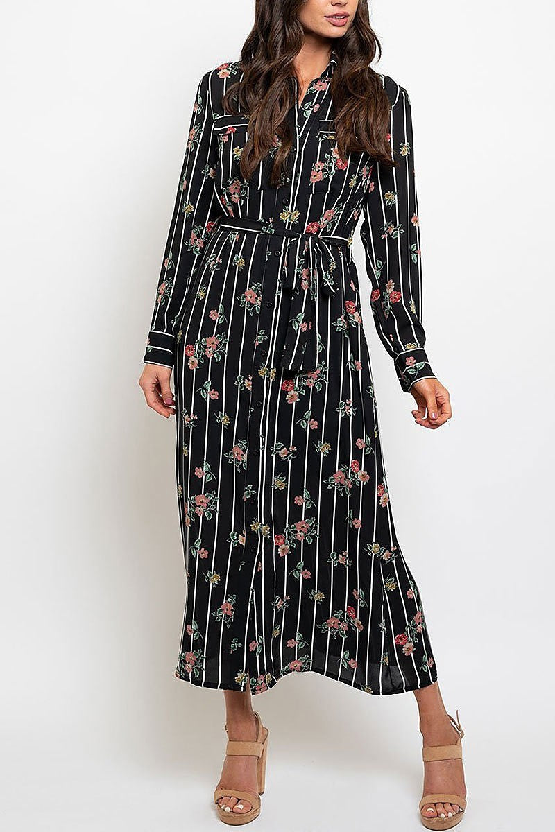 Floral stripe button front waist tie maxi dress (EDWT2246)