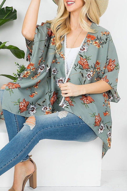 Floral print kimono with lace trim (EF3970)