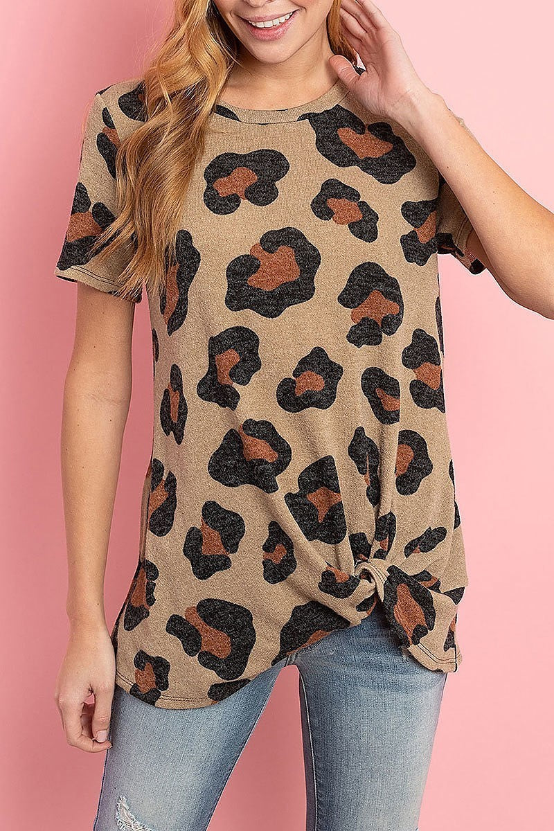 Leopard print short sleeves knot top (ED8540)