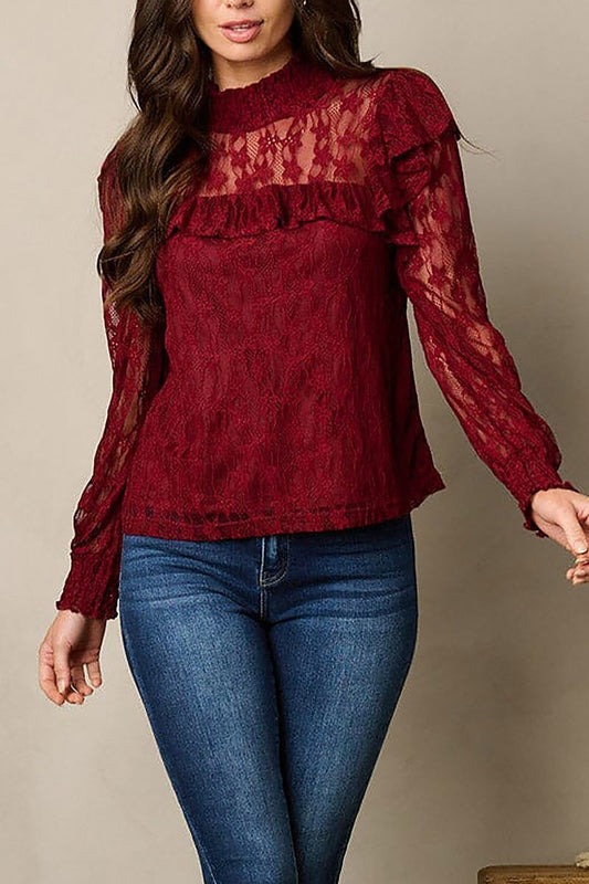 Long sleeve mock neck lace top (EFWT1695)