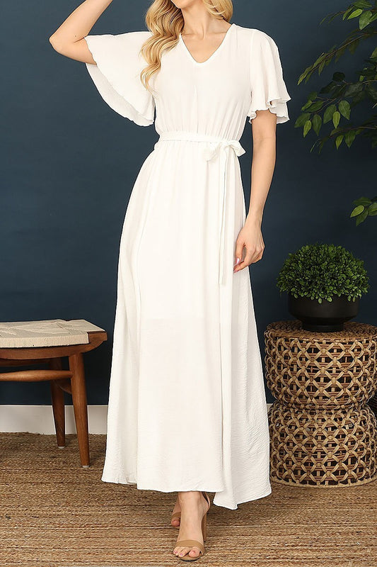 V-neck bell sleeve waist tie solid maxi dress (DED9255)