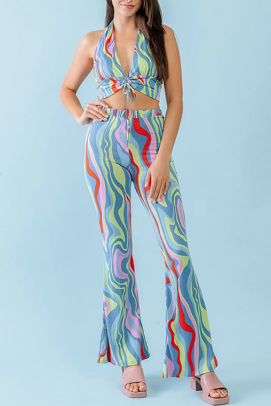 Abstract print halter v neck top and pants set (TED1151)