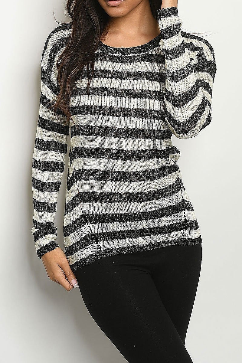 Round neck sheer stripe sweater (DGS4497-1)