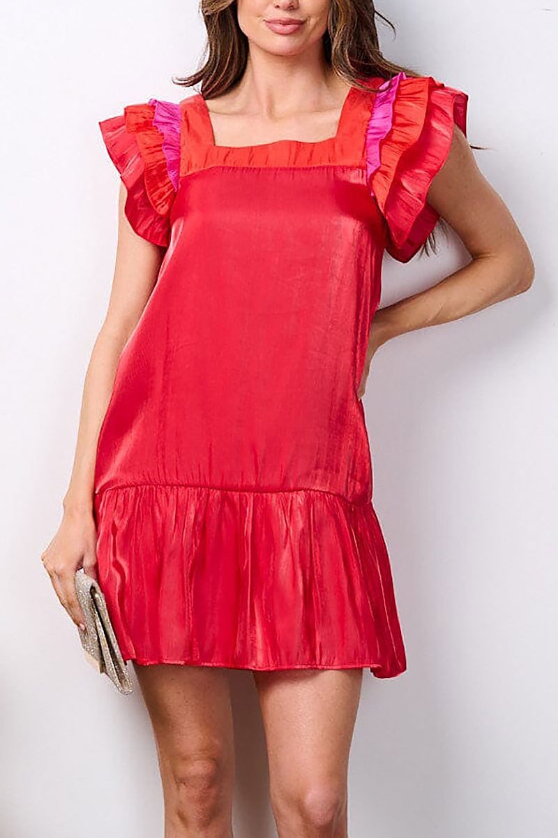 Short ruffle sleeve pockets mini dress (EFWT7561)